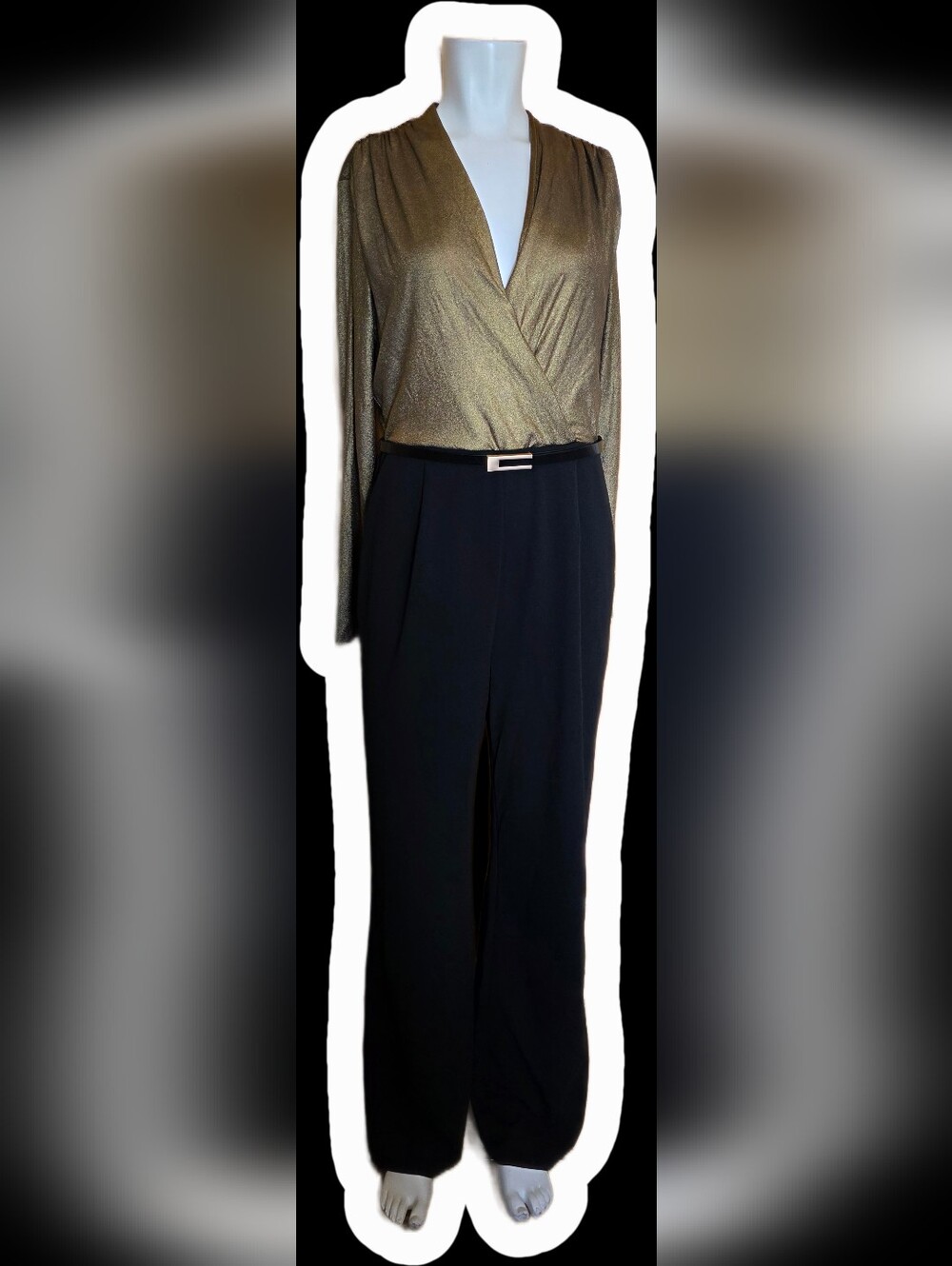 Suzy Shier Gold Metallic Wrap Jumpsuit